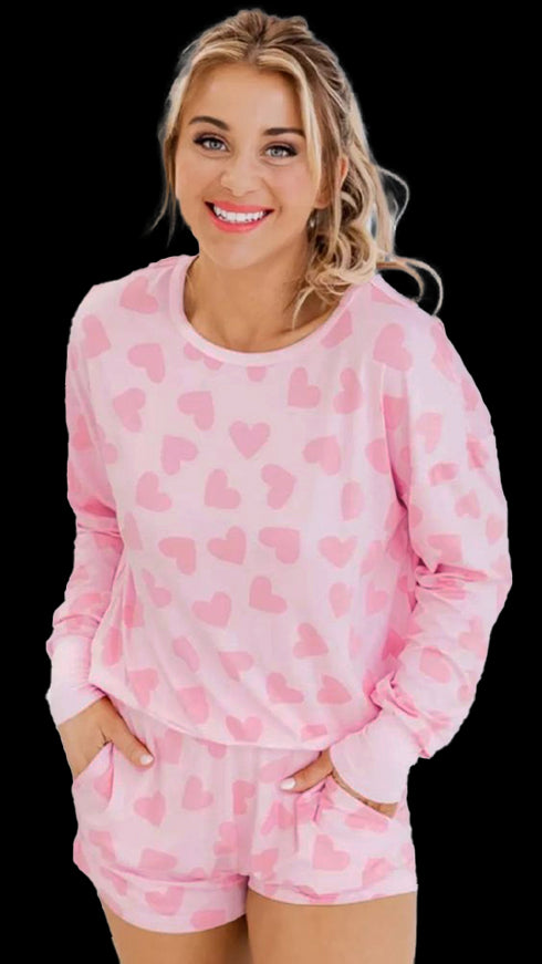 Valentine Heart Shape Print Long Sleeve Top Shorts Lounge Set